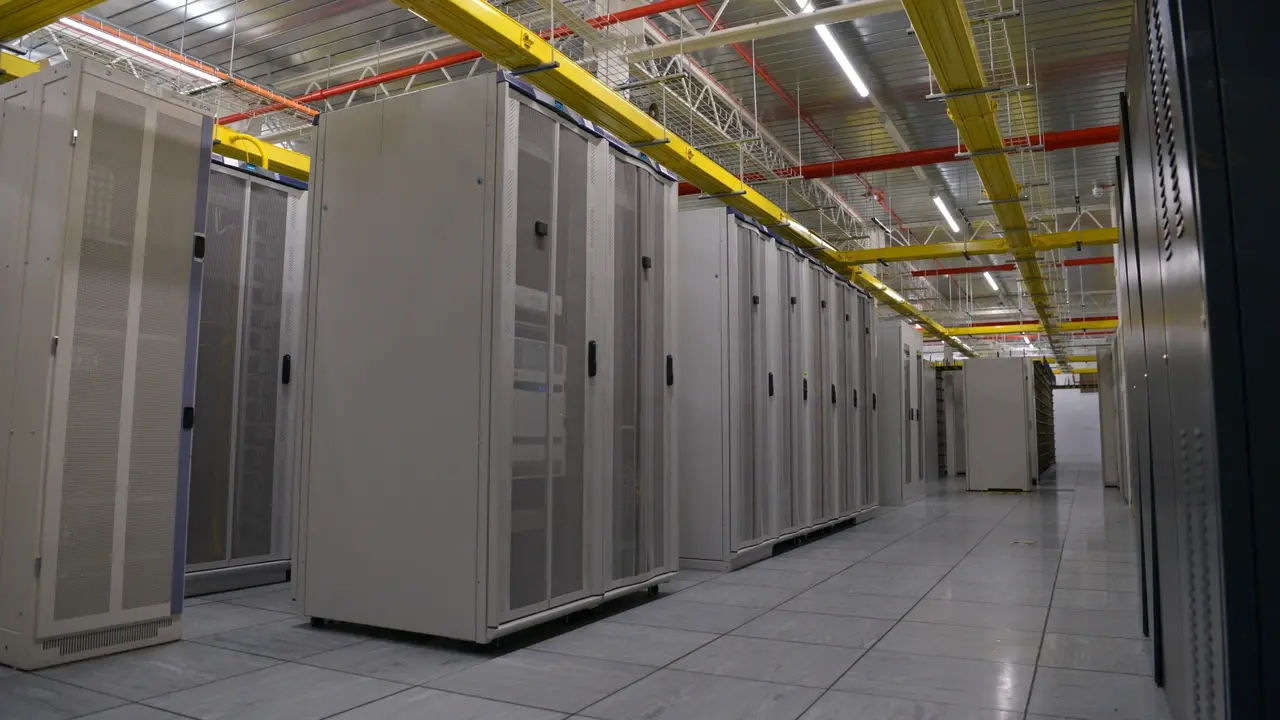 Rows of server cabinets in a data centre hall